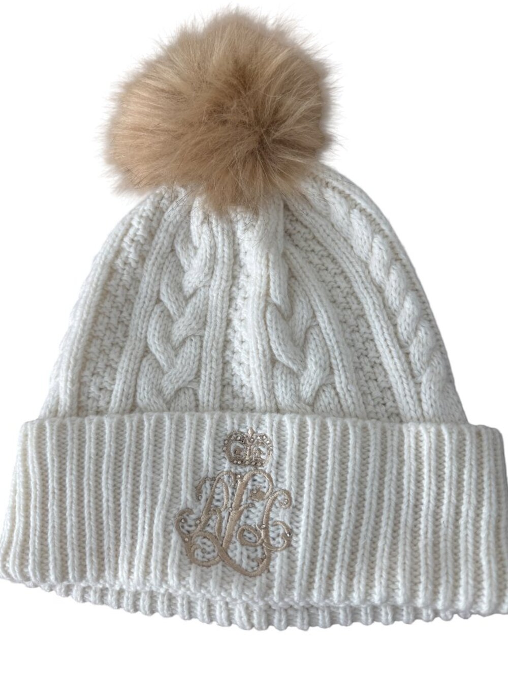 Lauren Ralph Lauren Cream Signature Beanie Rhinestones Crown Logo